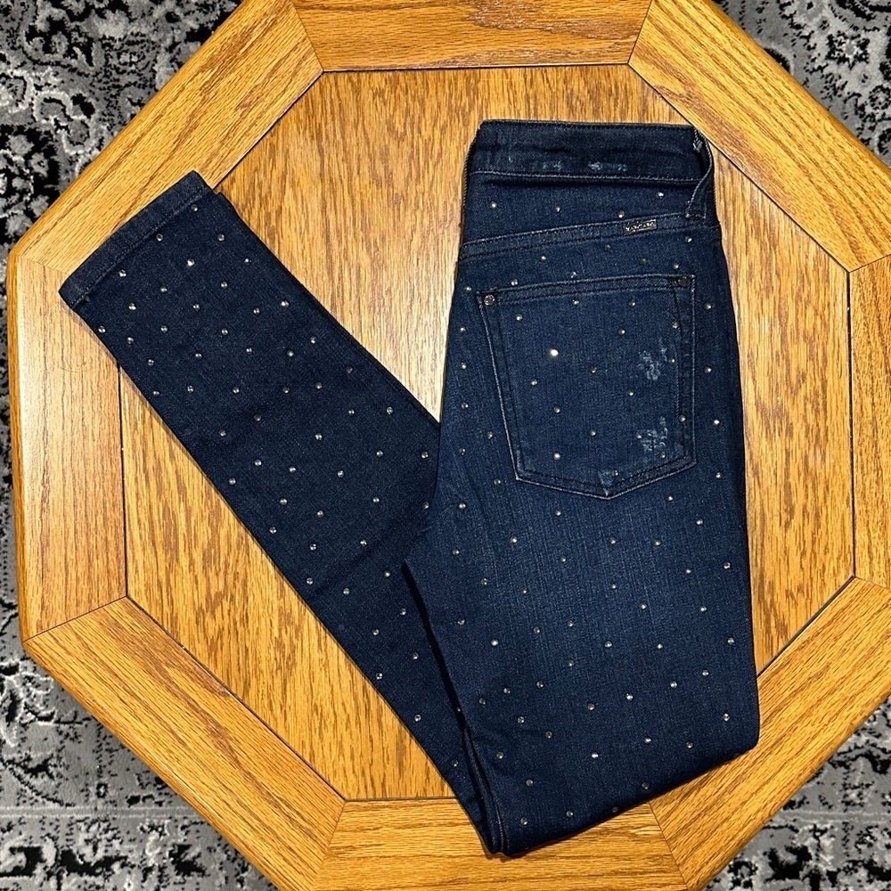 *MARCIANO* Dark Blue Mid Rise Skinny Diamanté Jeans w/ Studded Detail NWT Sz 26